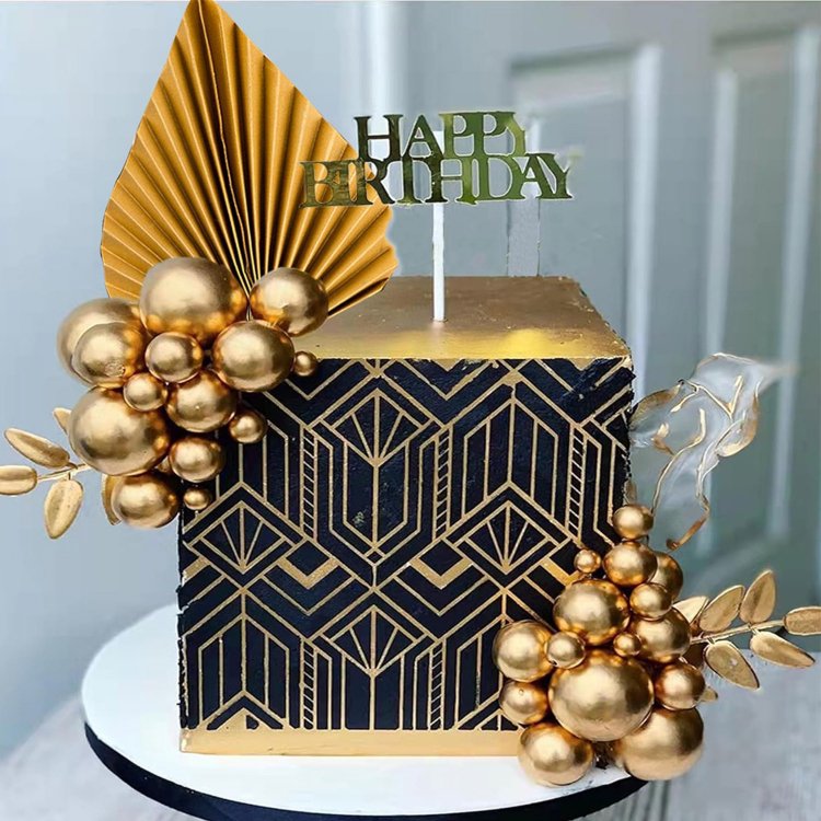 Gold Foam Balls Cake Toppers Palm Leaves Cake Insert Toppers Decorations for Birthday Wedding Baby Shower Party Decorations