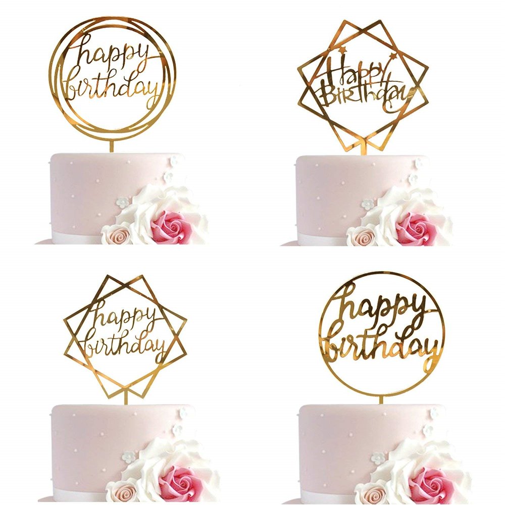 Happy Birthday Acrylic Cupcake Topper, Rose Gold Mirror Birthday Cake Supplies Decorations