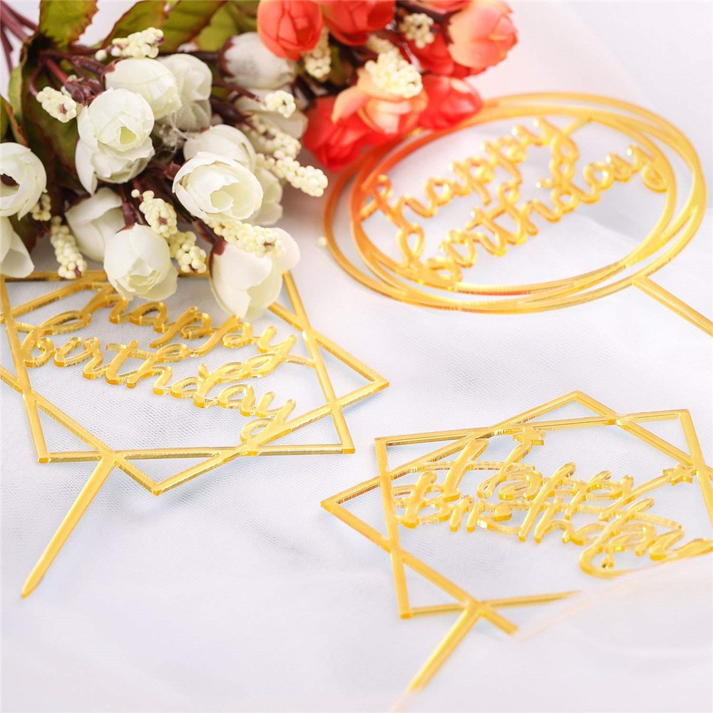 Happy Birthday Acrylic Cupcake Topper, Rose Gold Mirror Birthday Cake Supplies Decorations