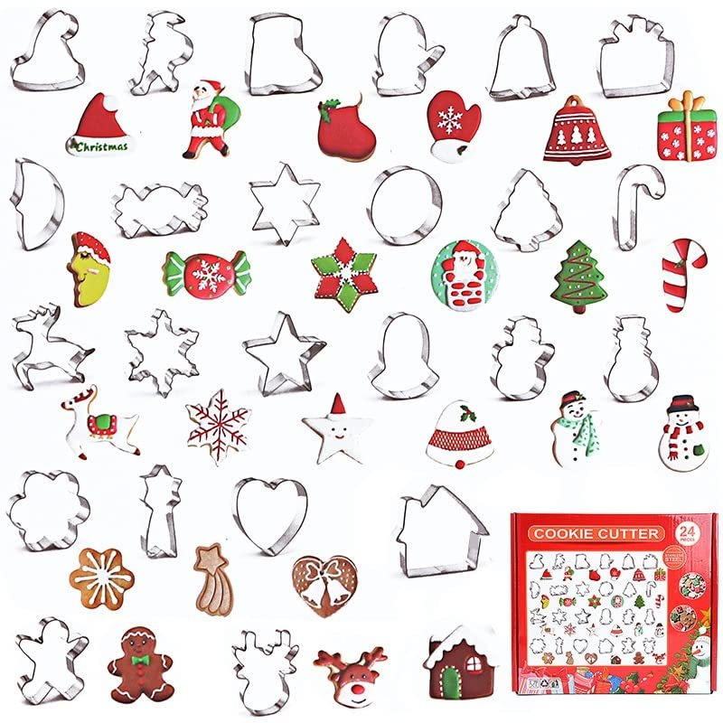 24Pcs Stainless Steel Biscuit Cake Mould Christmas Cookie Cutters For Baking Holiday Kids Cookie Cutter Set For Christmas