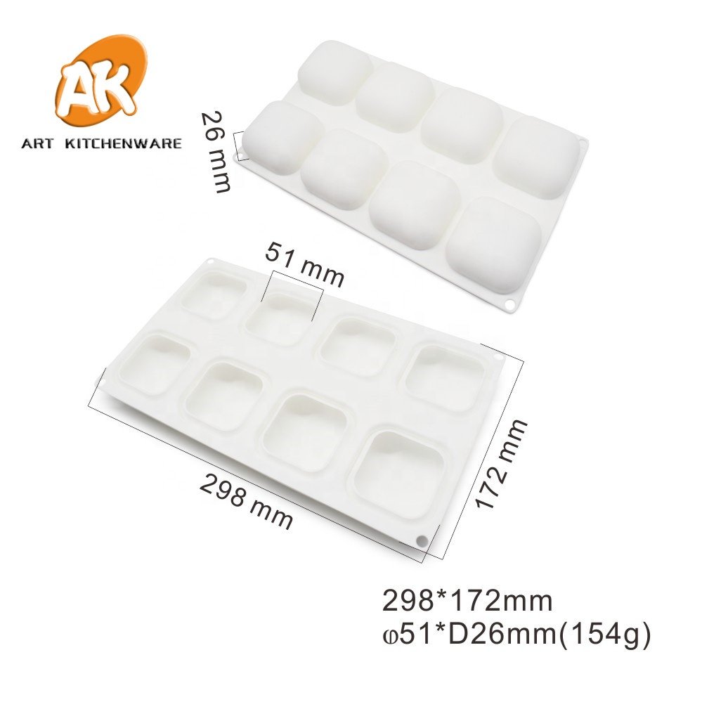 AK 8 Cavities Square Shape Silicone Mousse Cake Moulds for Bakery Kitchenware Pastry Baking Tools Chocolate Soap Molds MC-07