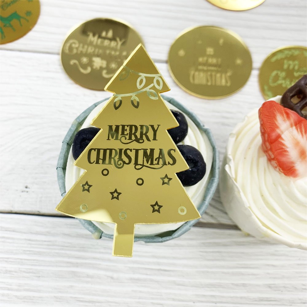 10Pcs 5cm Merry Christmas Side Cake Decorations New Year Cupcake Topper Gold Acrylic Cake Topper for Christmas Party Cake Decor