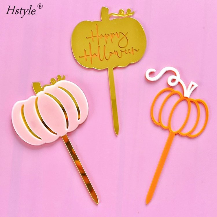 Hstyle Gold Happy Halloween Pumpkin Acrylic Cake Topper Halloween Party Decoration Dessert Cake Toppers Popsicle Stick PQA136