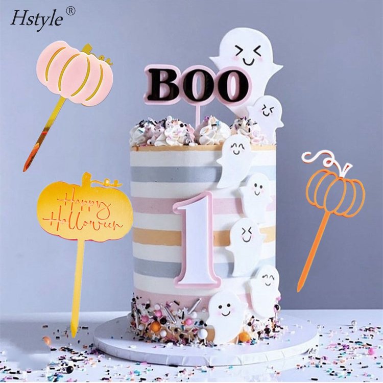 Hstyle Gold Happy Halloween Pumpkin Acrylic Cake Topper Halloween Party Decoration Dessert Cake Toppers Popsicle Stick PQA136
