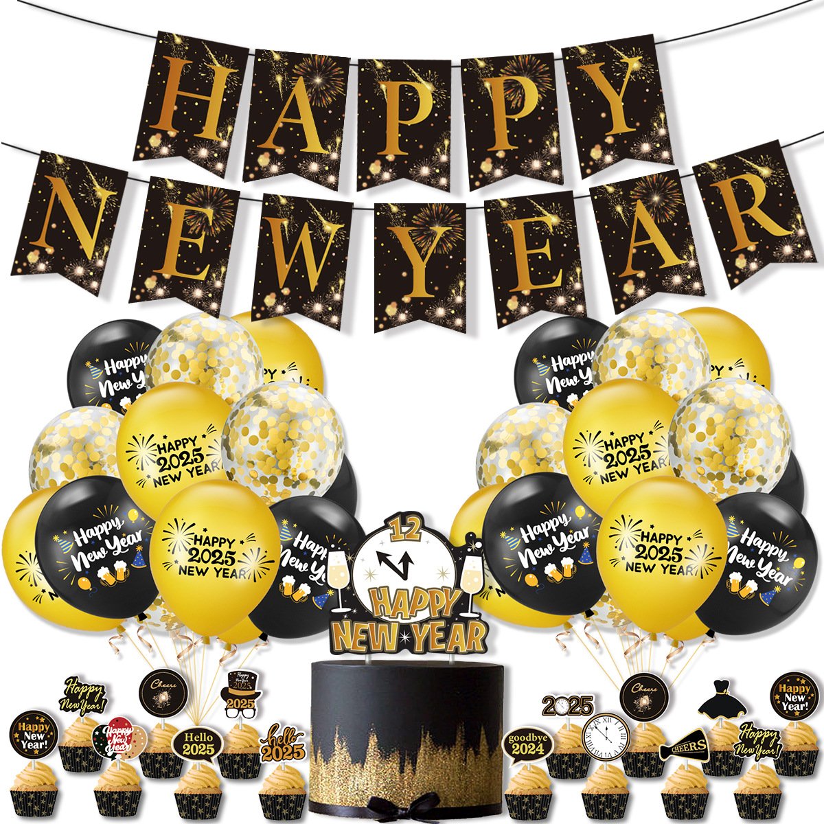 2025 Happy New Year Balloon Set Banner with Cake Topper Party Decoration New Year Supplies