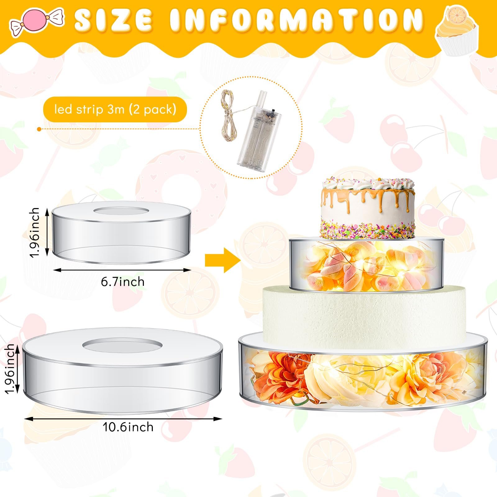 Factory wholesale 2 Pcs with LED Strings decorations for events party supplies cake stand Acrylic cake tray for Party Display