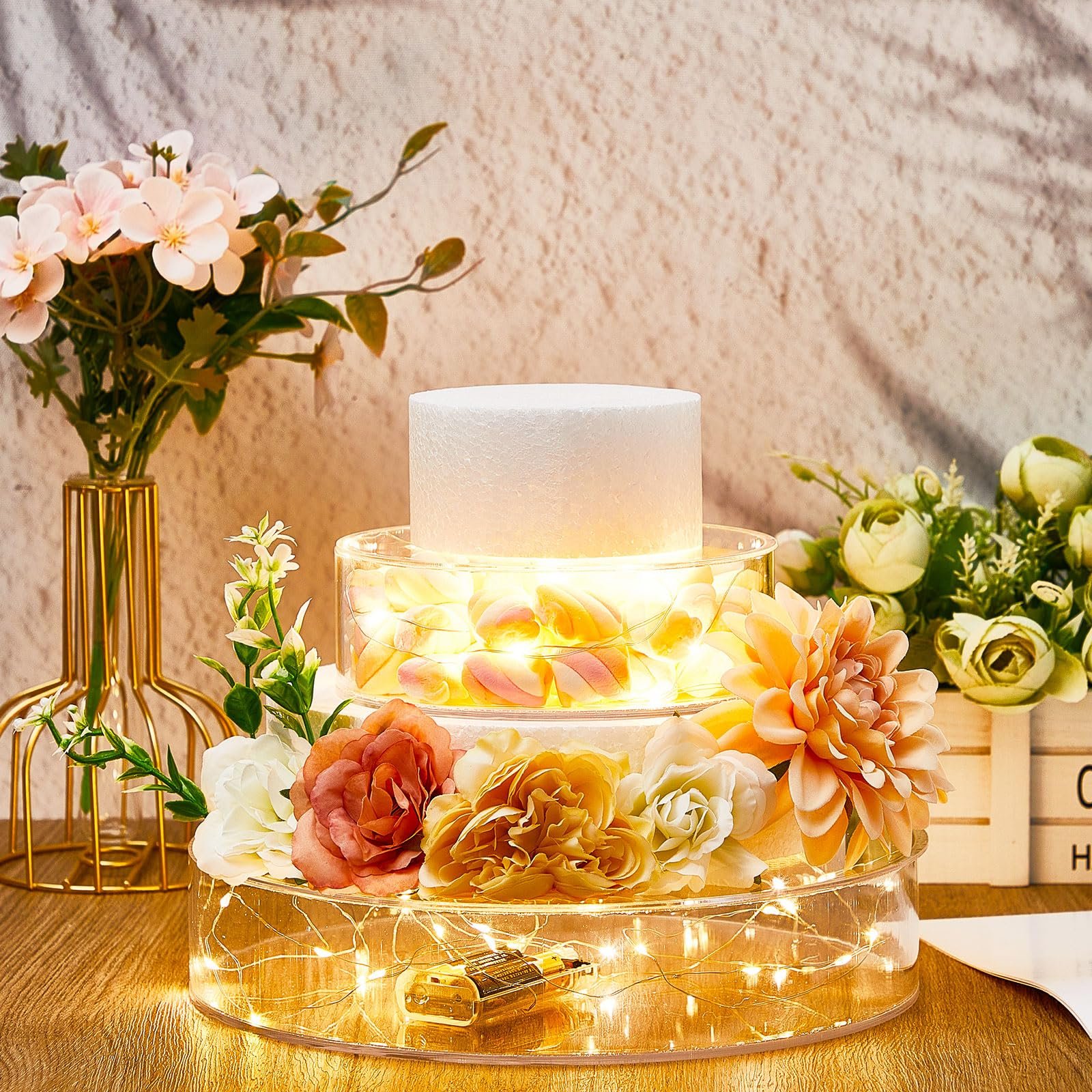 Factory wholesale 2 Pcs with LED Strings decorations for events party supplies cake stand Acrylic cake tray for Party Display