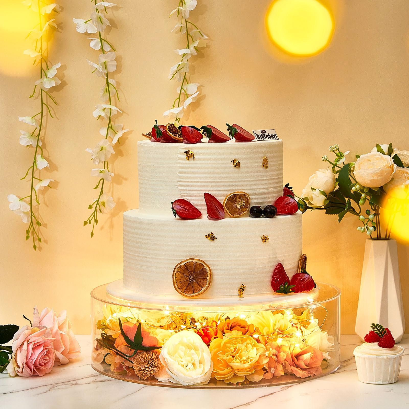 Factory wholesale 2 Pcs with LED Strings decorations for events party supplies cake stand Acrylic cake tray for Party Display