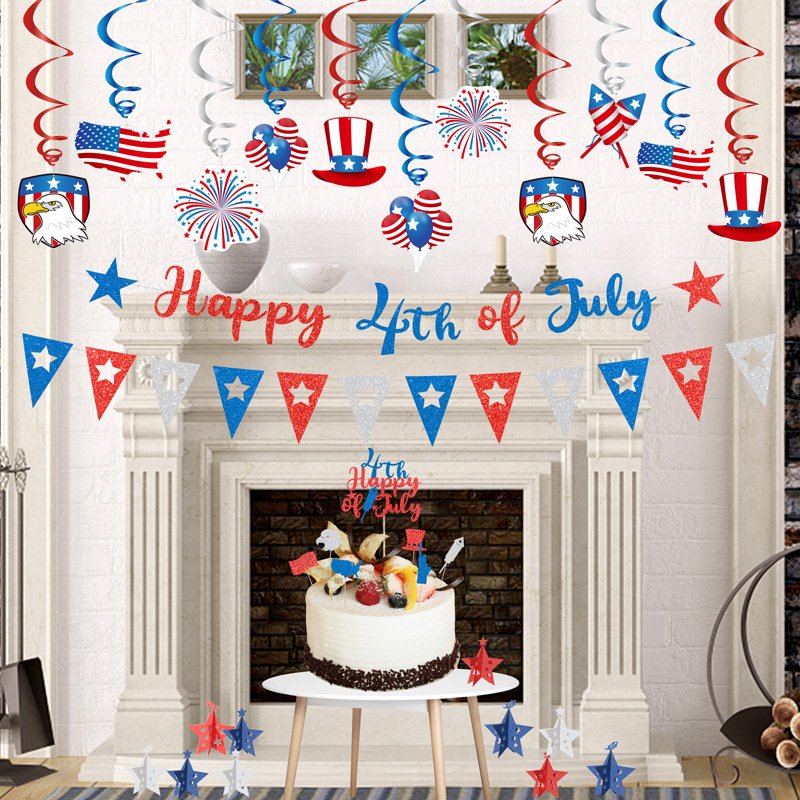 LEMON America Holiday Decorations Banner Cake Topper Independence Day Party Supplies Hanging Swirl Door Decorations