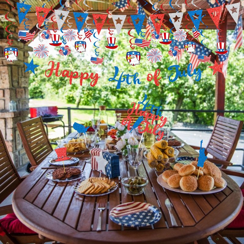 LEMON America Holiday Decorations Banner Cake Topper Independence Day Party Supplies Hanging Swirl Door Decorations