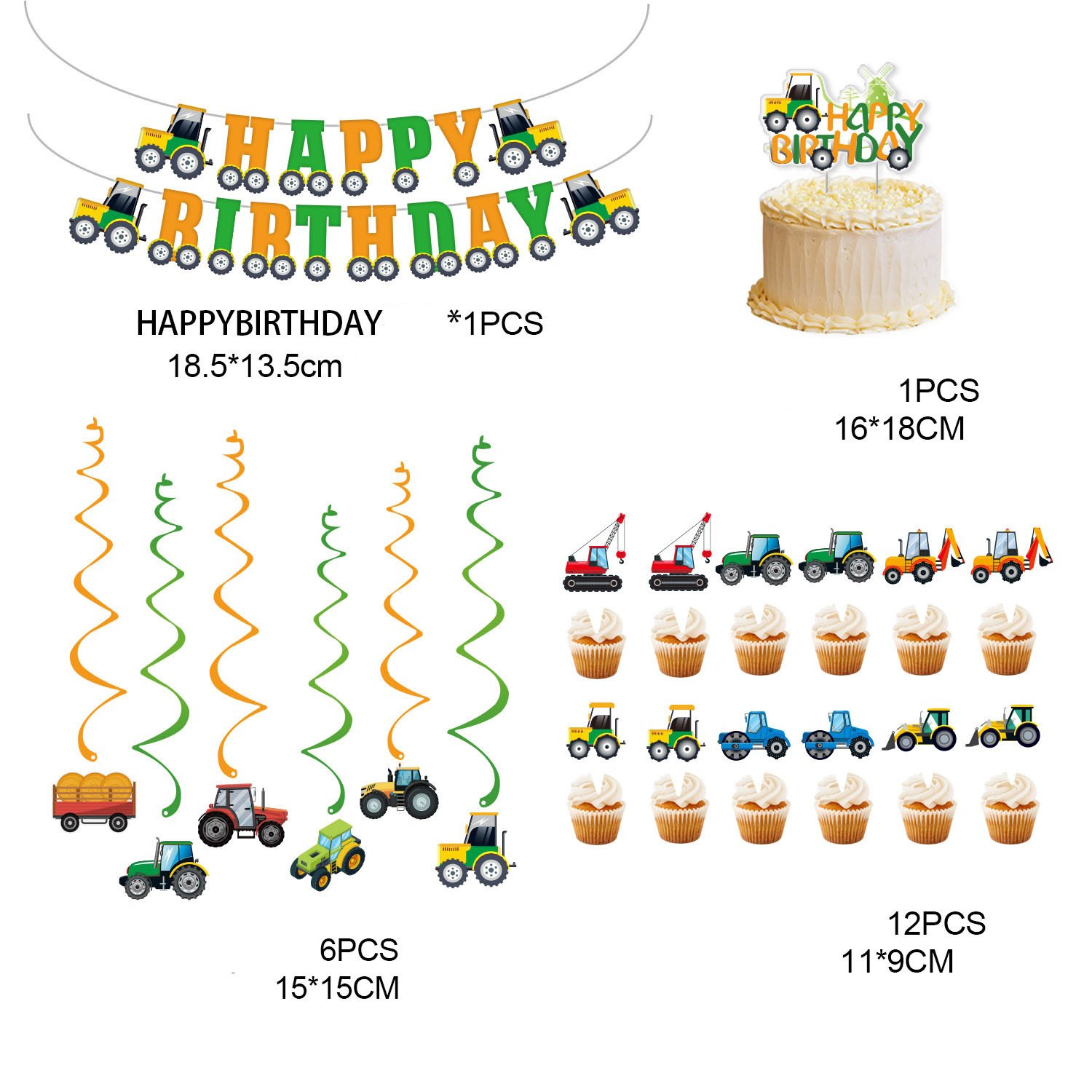Farm Tractor Theme Birthday Party Decorations Cartoon Vehicle Cake Insert Spiral Pendant Engineering Inspired Party Supplies