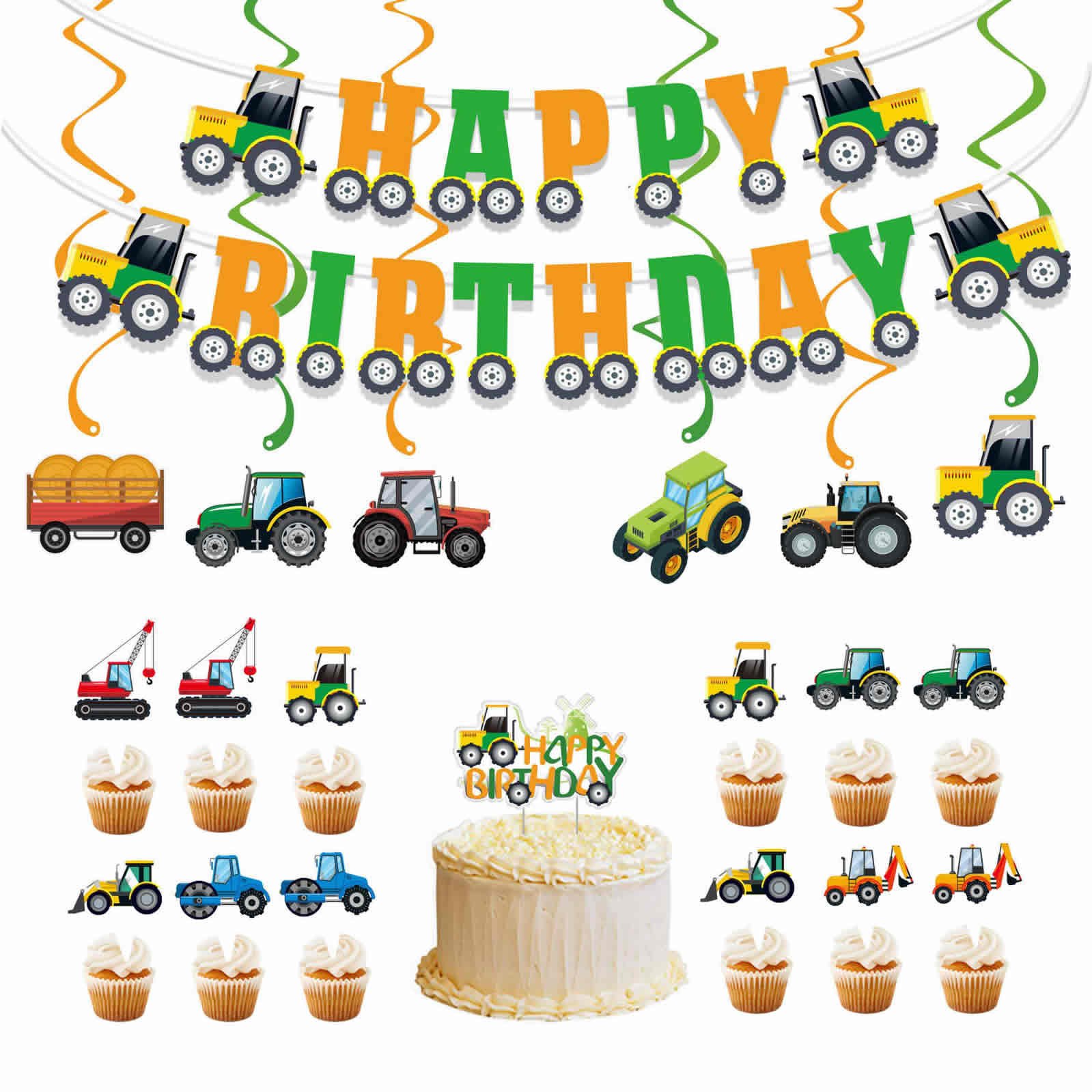 Farm Tractor Theme Birthday Party Decorations Cartoon Vehicle Cake Insert Spiral Pendant Engineering Inspired Party Supplies