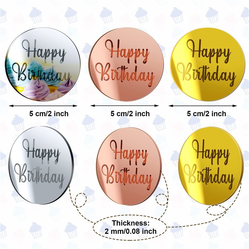 5cm New Gold Happy Birthday Cupcake Disc Topper Acrylic Rose Gold Circle Cake Topper for Birthday Party Dessert Cake Decorations
