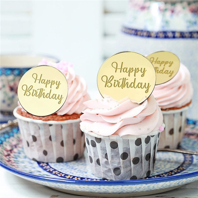 5cm New Gold Happy Birthday Cupcake Disc Topper Acrylic Rose Gold Circle Cake Topper for Birthday Party Dessert Cake Decorations