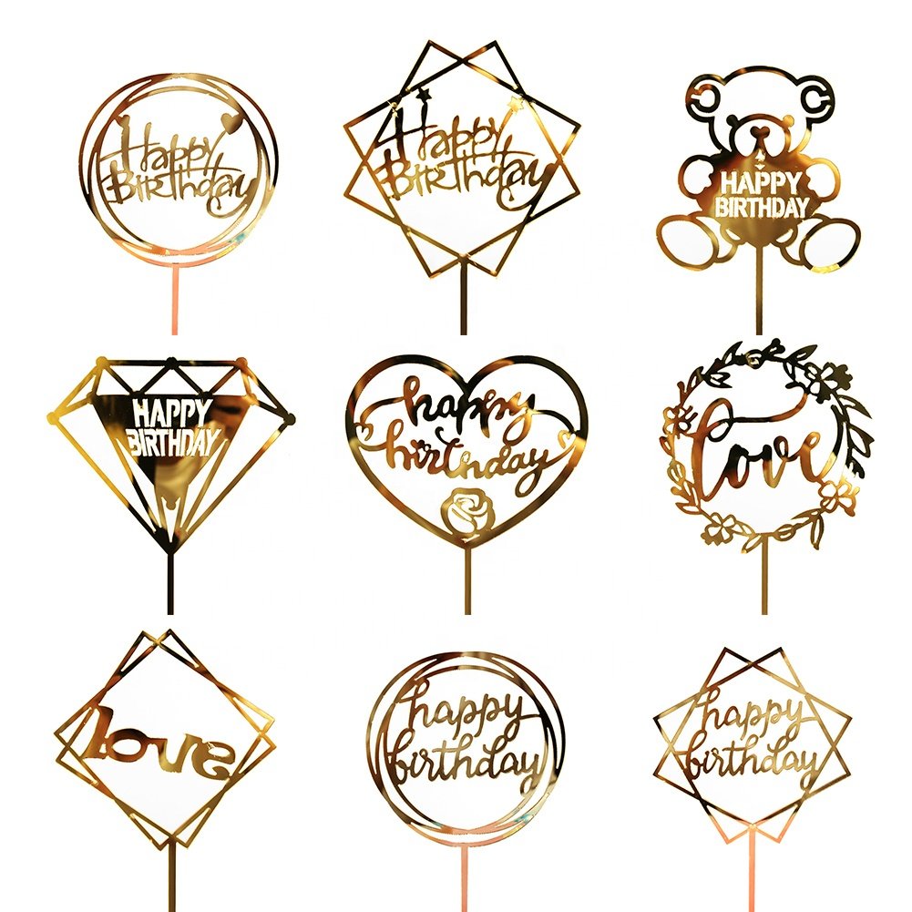Hot Party Baking Supplies Birthday Cake Decoration Round Square Cupcake Plugin Gold Silver Happy Birthday Acrylic Cake Toppers