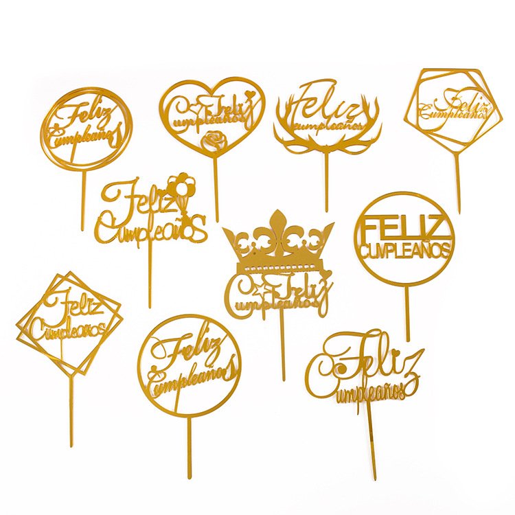 Hot Party Baking Supplies Birthday Cake Decoration Round Square Cupcake Plugin Gold Silver Happy Birthday Acrylic Cake Toppers