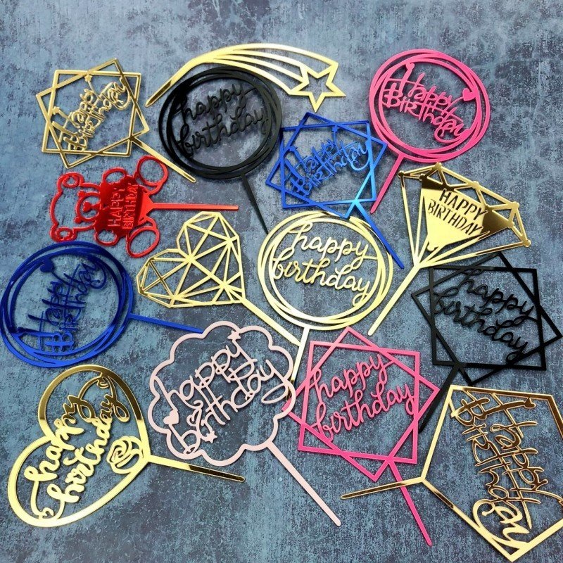 Hot Party Baking Supplies Birthday Cake Decoration Round Square Cupcake Plugin Gold Silver Happy Birthday Acrylic Cake Toppers