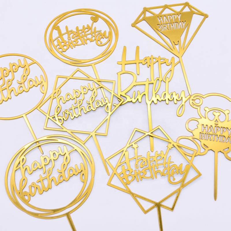 Hot Party Baking Supplies Birthday Cake Decoration Round Square Cupcake Plugin Gold Silver Happy Birthday Acrylic Cake Toppers