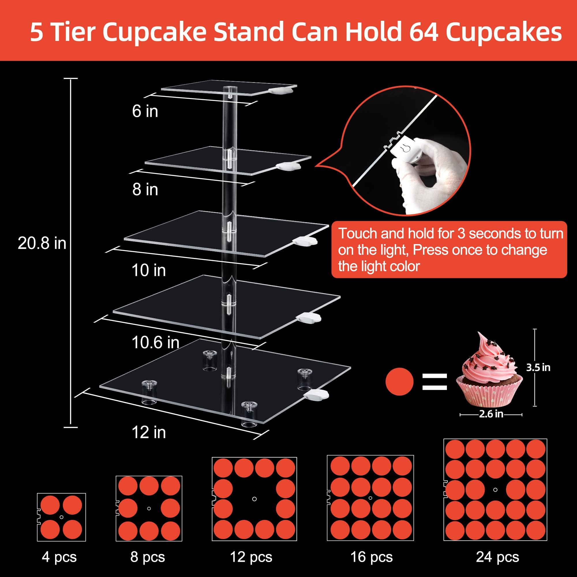 Factory wholesale 5 Tier Cupcake Tower Stand with Rechargeable light Led Dessert Pastry Tray Display Stand for Wedding Party