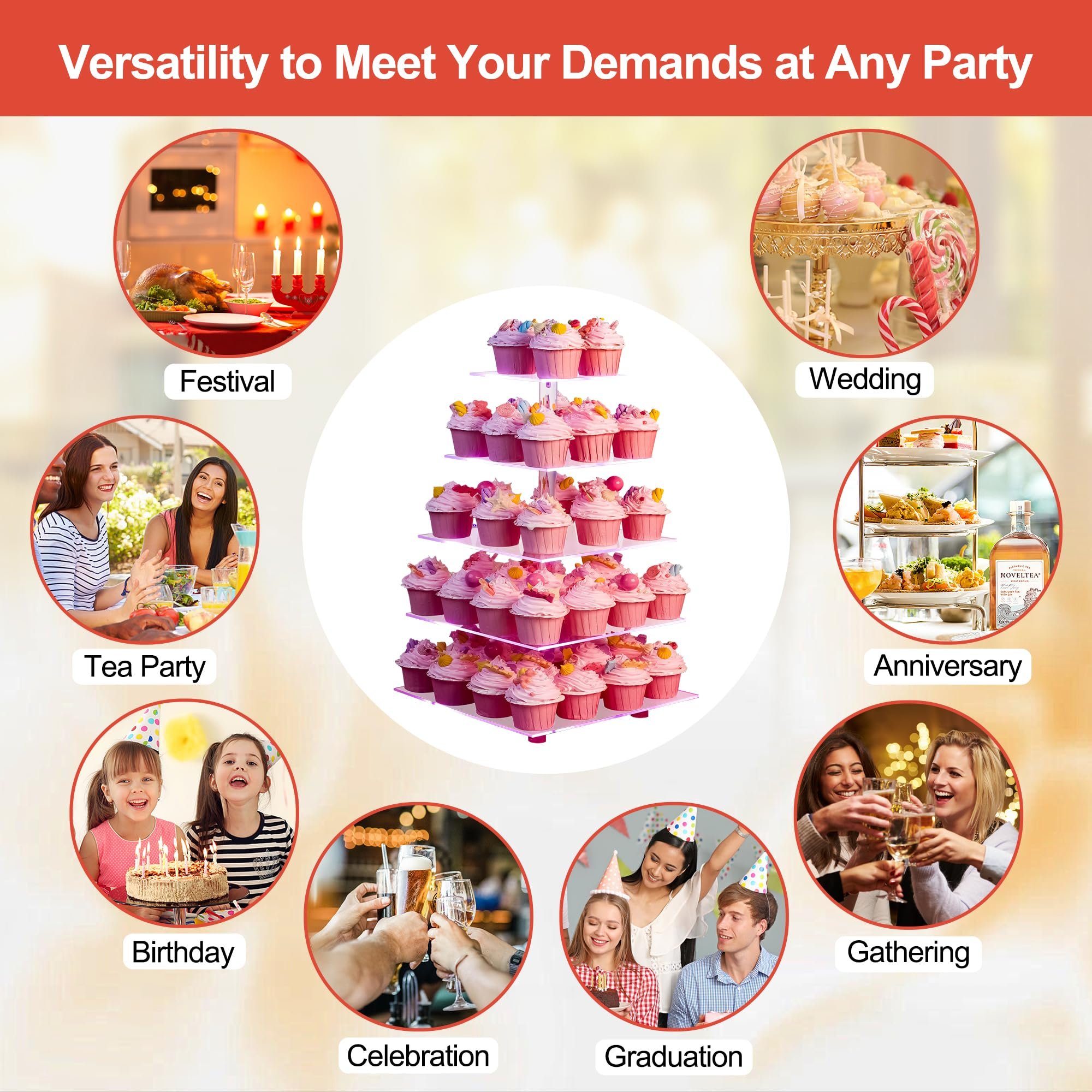 Factory wholesale 5 Tier Cupcake Tower Stand with Rechargeable light Led Dessert Pastry Tray Display Stand for Wedding Party