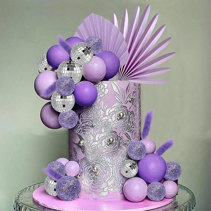 38 PCS Purple Balls Cake Toppers Palm Leaves Disco Cake Decorations for Birthday Wedding Baby Shower Party Supplies