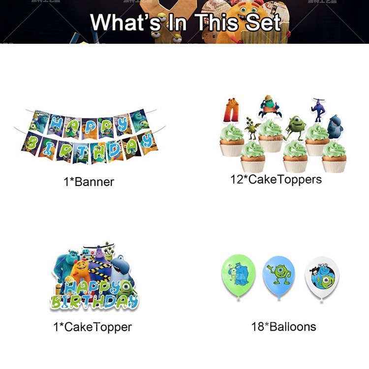 Monster-Inc Party Decorations Kids Birthday Party Supplies For Monsters University Party Include Banner Cupcake Topper X6177