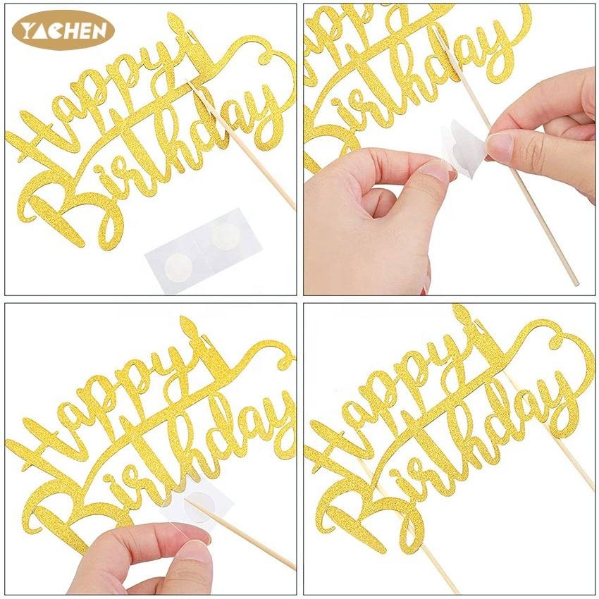 YACHEN Quality Gold Glitter Happy Birthday Cake Topper Party Cupcake Cake Topper Decoration Supplies