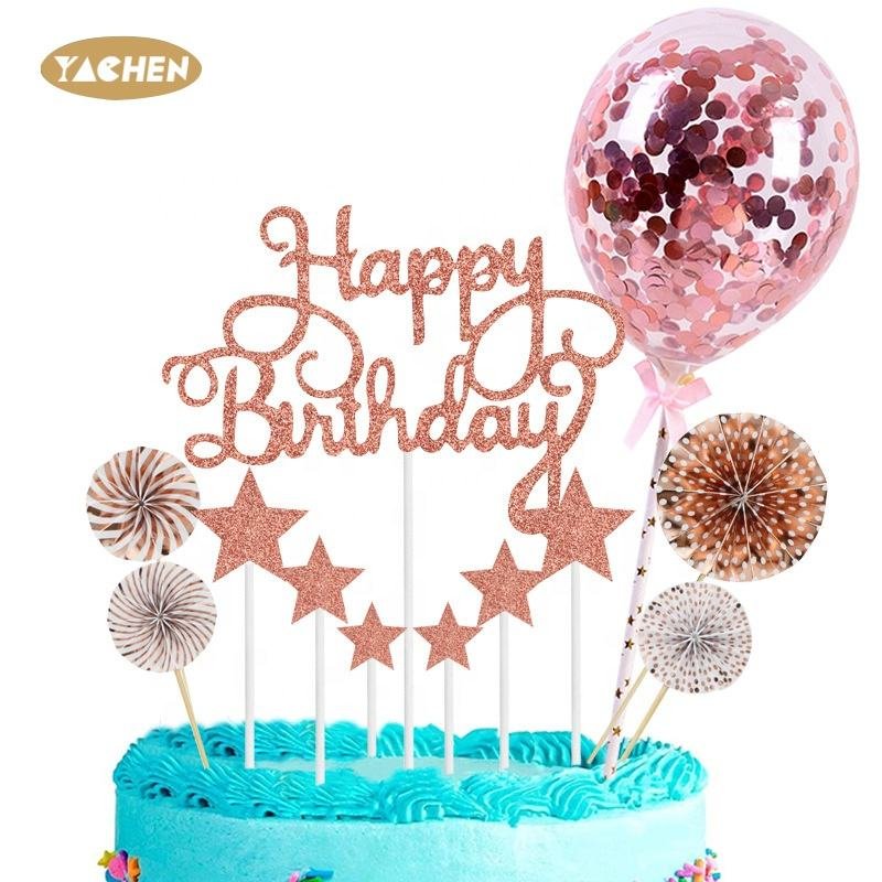 YACHEN Quality Gold Glitter Happy Birthday Cake Topper Party Cupcake Cake Topper Decoration Supplies