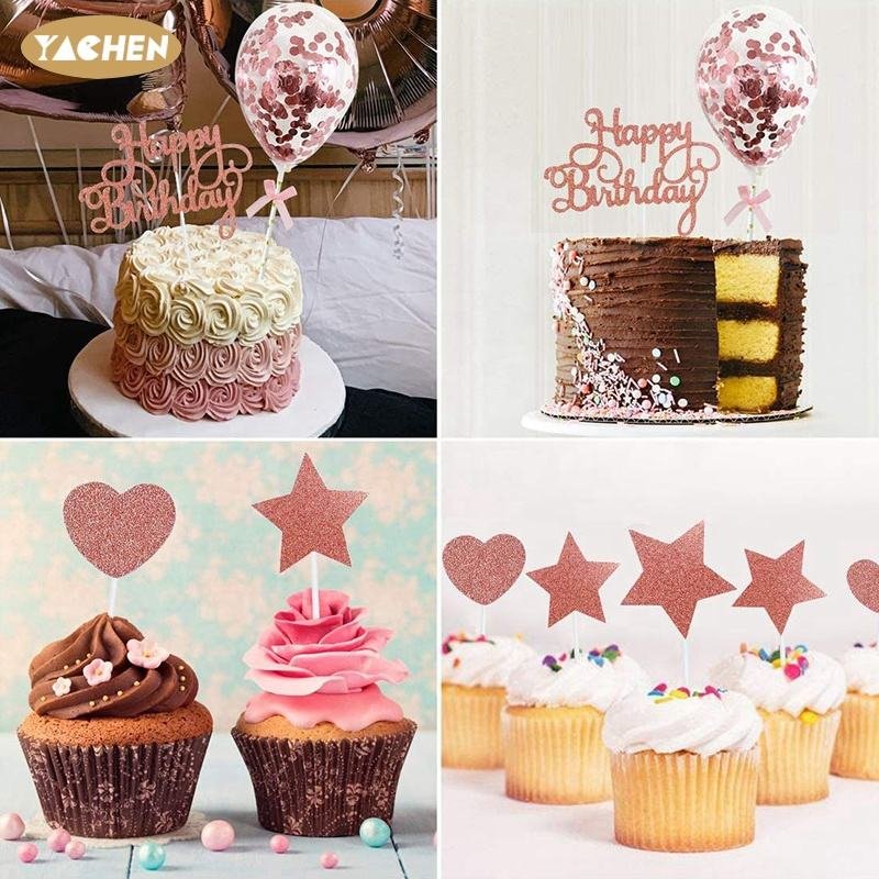 YACHEN Quality Gold Glitter Happy Birthday Cake Topper Party Cupcake Cake Topper Decoration Supplies