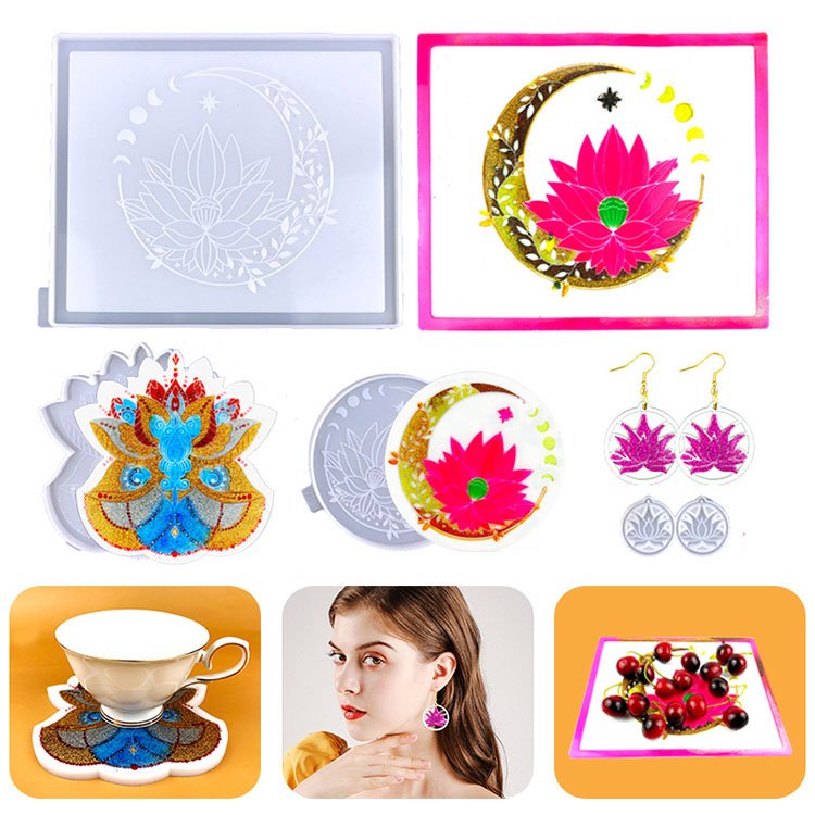 YS DIY Moon Lotus Square Round Tray Mold Coaster Silicone Resin Casting Plaster Mould Casting Home Decoration Custom Mould Tools