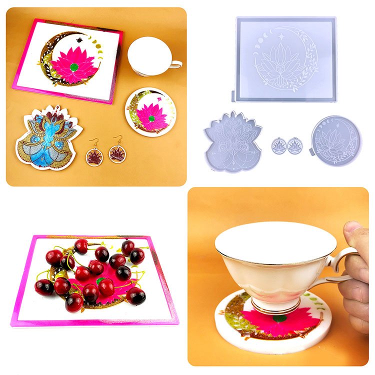 YS DIY Moon Lotus Square Round Tray Mold Coaster Silicone Resin Casting Plaster Mould Casting Home Decoration Custom Mould Tools
