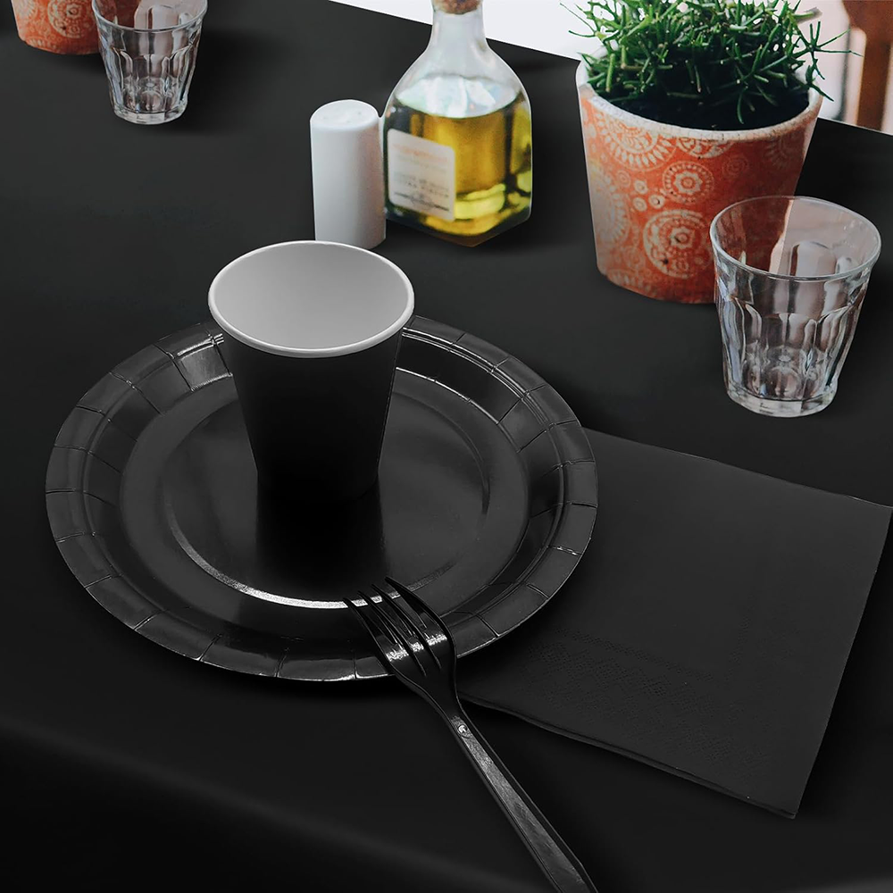 Pure Black Party Tableware Set Disposable Dessert Plate Birthday Party Decoration Set Pure Black Napkins