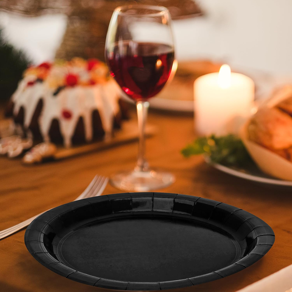 Pure Black Party Tableware Set Disposable Dessert Plate Birthday Party Decoration Set Pure Black Napkins