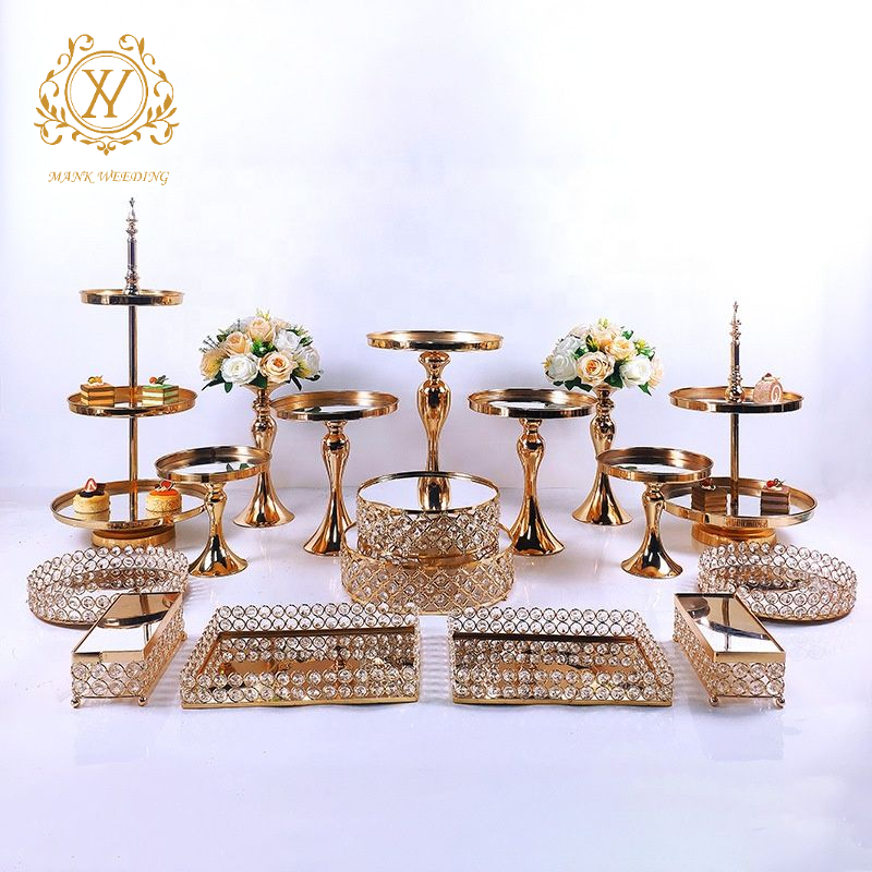 Golden Shiny Full set Dessert Table Decorations 3-tier Metal Golden Cake Stand Plate Set for Wedding Centerpieces