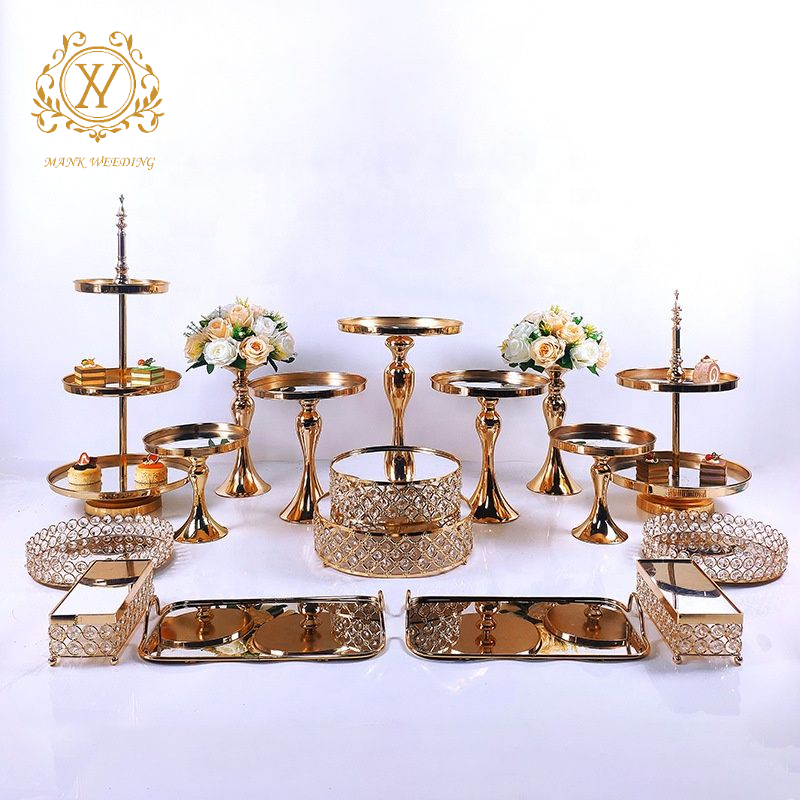 Golden Shiny Full set Dessert Table Decorations 3-tier Metal Golden Cake Stand Plate Set for Wedding Centerpieces