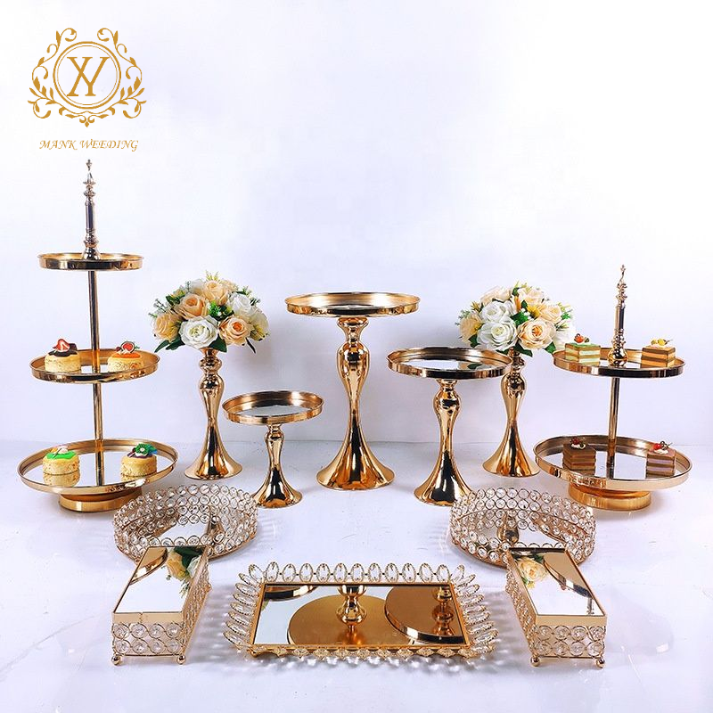 Golden Shiny Full set Dessert Table Decorations 3-tier Metal Golden Cake Stand Plate Set for Wedding Centerpieces