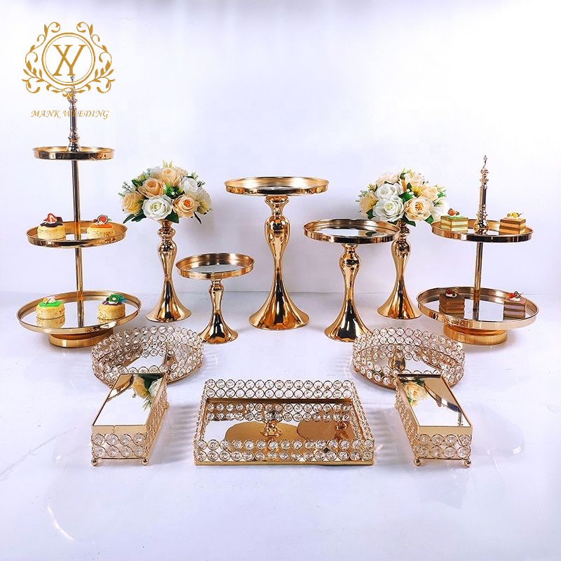 Golden Shiny Full set Dessert Table Decorations 3-tier Metal Golden Cake Stand Plate Set for Wedding Centerpieces