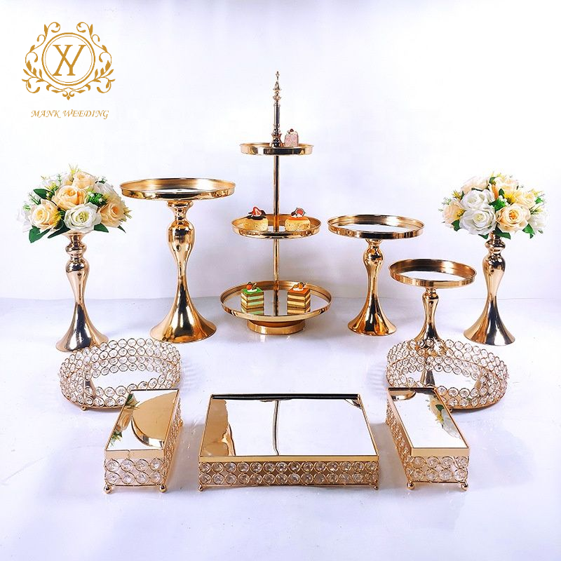 Golden Shiny Full set Dessert Table Decorations 3-tier Metal Golden Cake Stand Plate Set for Wedding Centerpieces
