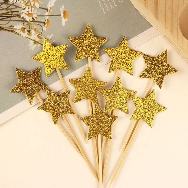 Kids Holiday Party Cake Decorations Supplies Gold Glitter Little Star Cupcake Toppers