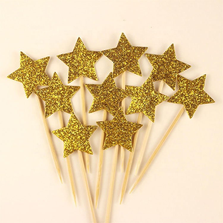 Kids Holiday Party Cake Decorations Supplies Gold Glitter Little Star Cupcake Toppers