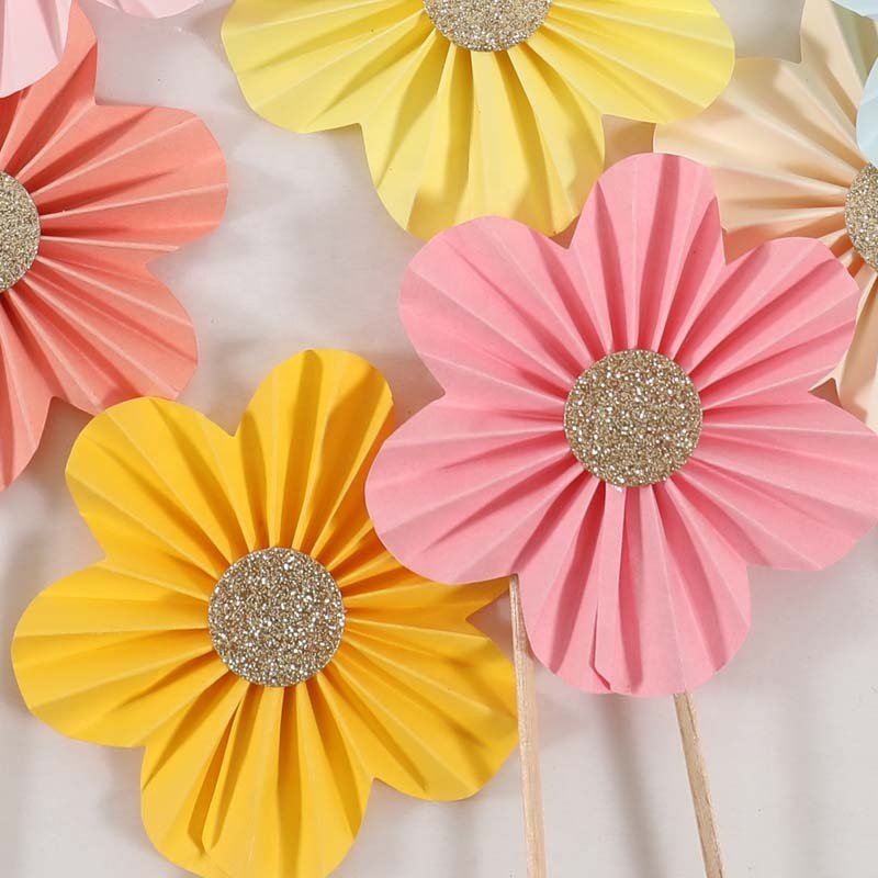 EASTTERN Wholesale Flower Shape Cake Topper Paper Fan Birthday Cupcake Toppers Cake Decoration for Wedding Birthday Party Decor