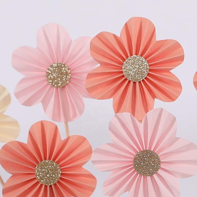 EASTTERN Wholesale Flower Shape Cake Topper Paper Fan Birthday Cupcake Toppers Cake Decoration for Wedding Birthday Party Decor