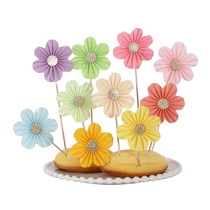 EASTTERN Wholesale Flower Shape Cake Topper Paper Fan Birthday Cupcake Toppers Cake Decoration for Wedding Birthday Party Decor