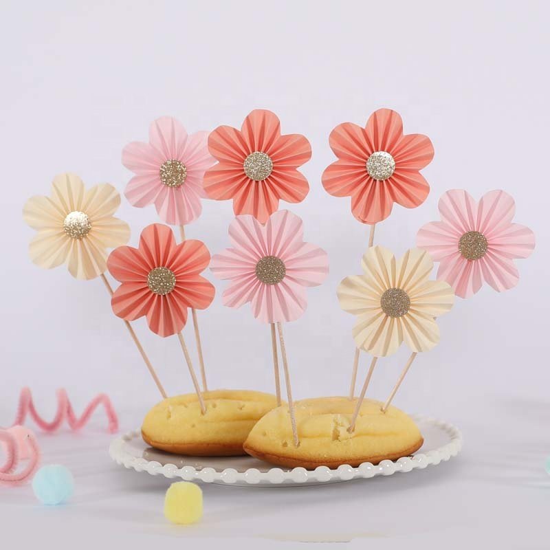 EASTTERN Wholesale Flower Shape Cake Topper Paper Fan Birthday Cupcake Toppers Cake Decoration for Wedding Birthday Party Decor