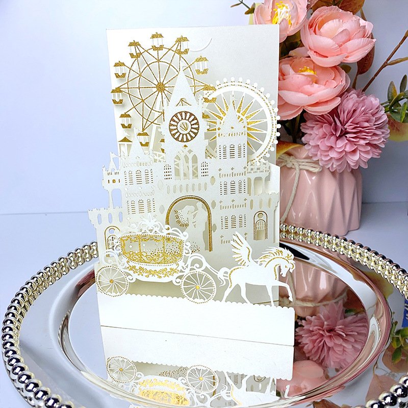 Ychon white wedding party invitation cards greeting letters with gold stamping ferris wheel carriage patterns hollow cards