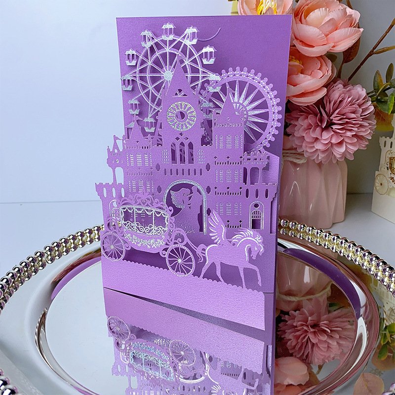 Ychon white wedding party invitation cards greeting letters with gold stamping ferris wheel carriage patterns hollow cards