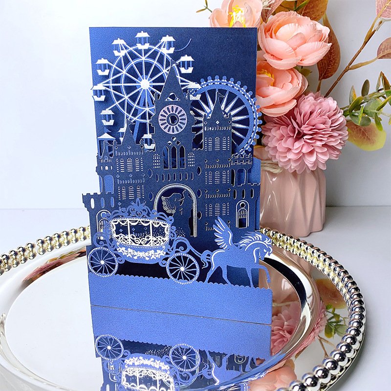Ychon white wedding party invitation cards greeting letters with gold stamping ferris wheel carriage patterns hollow cards
