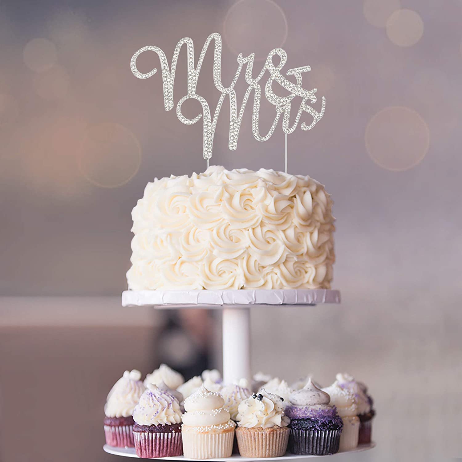 Bridal Shower Anniversary Party Cake Decoration Supplies Premium Silver Metal Mr and Mrs Wedding Cake Topper