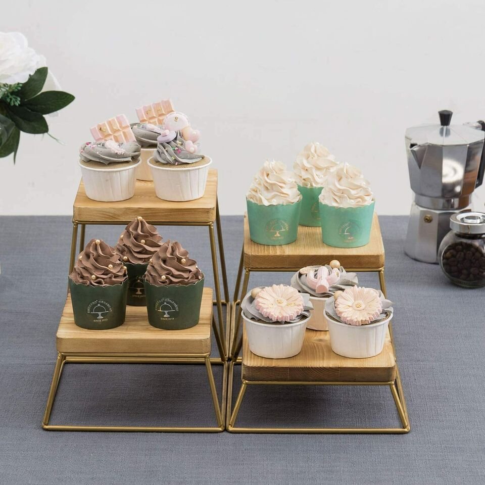 Classic Display Stands Golden Tone Metal Nesting Buffet Table Food or Retail Display Risers, Set of 4 - Golden Cake stand