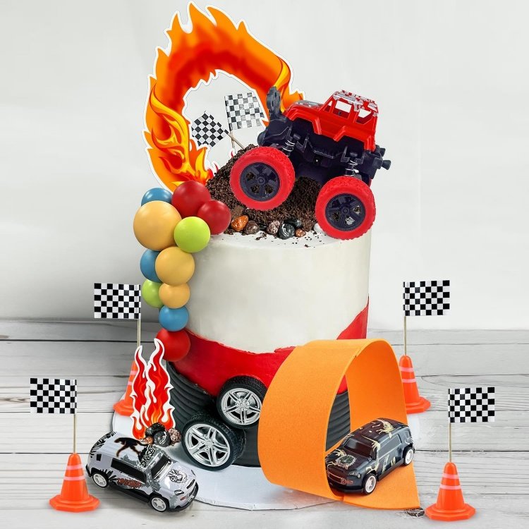 Truck Racing Car Cake Toppers in Red Blue Yellow Green Ball Race Themed Party Decorations Truck Cake Decorations Supplies